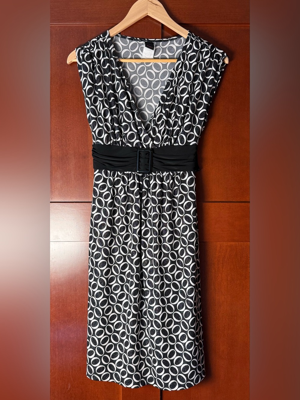 Vintage Y2K Wrapper Metallic Geometric Oval Print Midi Knit Dress Size Medium